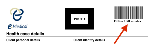 Diagram showing where to find the IME or UMI number on your Information sheet, next to the barcode